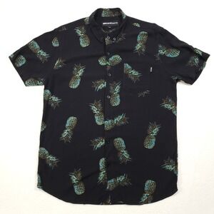 Molokai Surf Co. Button Down Mens Large Black Pineapple Print Rayon Aloha Shirt